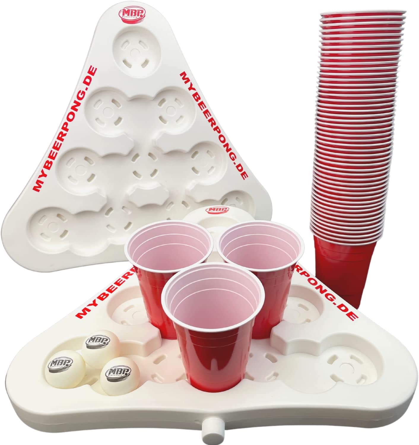 2x weiße BeerPong Racks + 50x Red Cups + 3x weiße BeerPong Bälle