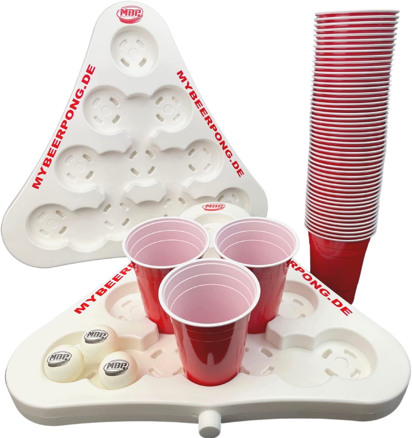 2x weiße BeerPong Racks + 50x Red Cups + 3x weiße Beer-Pong Bälle